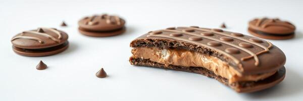 Delicious chocolate cookies filled with creamy peanut butter arranged on a clean surface photo