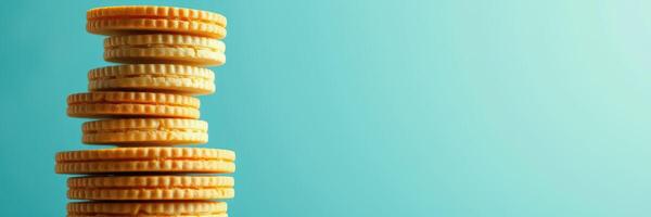 Stacked golden cookies on a blue background showcasing a delightful snack arrangement photo