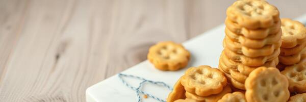 Crunchy cookie stack on a wooden board with a bright background in a cozy kitchen setting photo