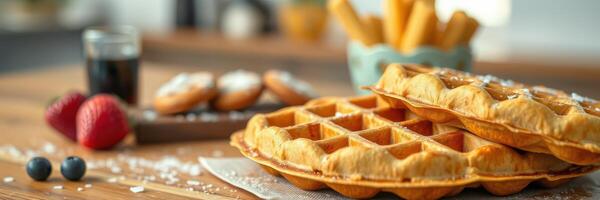 Delicious homemade waffles served with fresh berries and syrup on a wooden table in a cozy kitchen setting photo