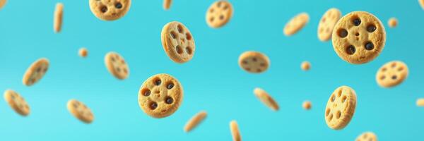 Floating chocolate chip cookies create a whimsical atmosphere against a bright blue background photo