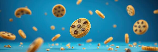 Cookies float in mid-air against a bright blue background creating a whimsical dessert atmosphere photo