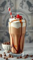 Delicious chocolate milkshake topped with whipped cream and cherry served in a tall glass photo