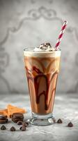 Creamy chocolate milkshake topped with whipped cream and a striped straw in a cozy setting photo