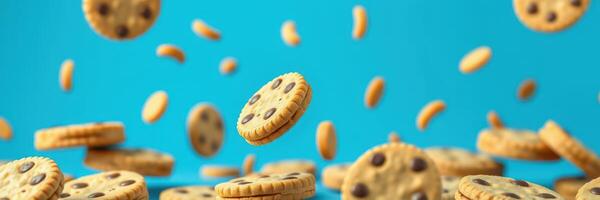 Cookies floating in mid-air against a vibrant blue background create a whimsical dessert display photo