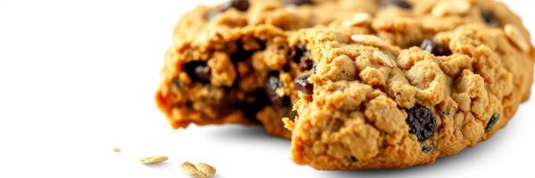 Oatmeal cookie with chocolate chips and a bite taken out, on a clean white surface at a daytime kitchen setting photo