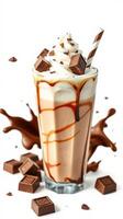 Delicious chocolate milkshake topped with whipped cream and chocolate pieces on a clean white background photo