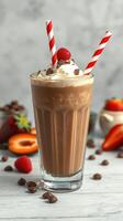 Creamy chocolate milkshake topped with whipped cream and fresh strawberries photo