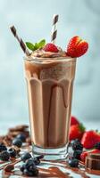 Delicious chocolate milkshake topped with fresh strawberries and mint in a stylish glass photo