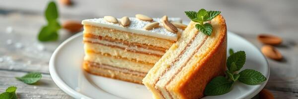 Delightful layered cake served on a white plate with mint leaves and almonds photo