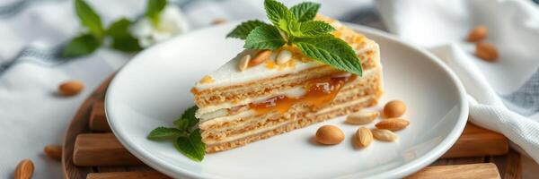 Delicious layered dessert with dried fruit and nuts served on a white plate in a cozy setting photo