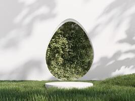 Happy Easter holiday greeting card with colorful painted eggs. 3d render of podium, showcase, display in green grass. Unobtrusive botanical background with shadow on the wall. photo