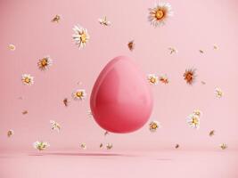 3D render of an Easter egg with daisy flowers. Modern minimalistic holiday card concept with copy space. Happy Easter - postcard, banner, pastel pink poster. photo