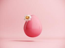 3D render of an Easter egg with daisy flowers. Modern minimalistic holiday card concept with copy space. Happy Easter - postcard, banner, pastel pink poster. photo