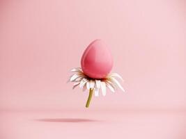 3D render of an Easter egg with daisy flowers. Modern minimalistic holiday card concept with copy space. Happy Easter - postcard, banner, pastel pink poster. photo