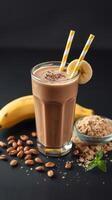 Homemade chocolate banana smoothie with coffee beans and cocoa powder served in a glass on a dark background photo