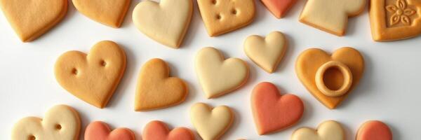 Heart-shaped cookies arranged in various sizes and colors for a festive occasion or celebration photo