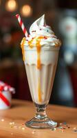 Creamy vanilla milkshake topped with whipped cream and caramel drizzle in a cozy cafe photo