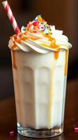 Delicious milkshake topped with whipped cream and colorful sprinkles served in a glass photo