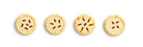 Delicious round crackers arranged neatly on a white surface showcasing unique patterns and textures photo