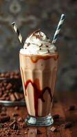 Decadent chocolate milkshake topped with whipped cream and chocolate shavings served in a tall glass photo
