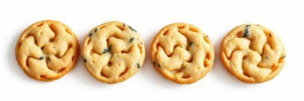 Delightful round cookies with intricate patterns arranged in a line on a white surface photo