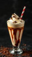 Indulgent chocolate milkshake topped with whipped cream and chocolate shavings served in a tall glass photo