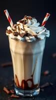 Creamy chocolate milkshake topped with whipped cream and chocolate pieces in a tall glass photo