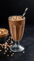Delicious chocolate milkshake topped with nuts served in a tall glass with a striped straw photo