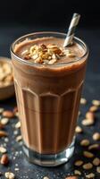 Creamy nutty beverage served in a glass with a straw topped with crunchy peanuts and surrounded by scattered nuts photo