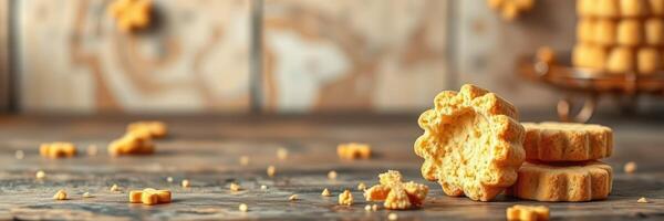 Freshly baked cookies arranged on a rustic wooden table with crumbs scattered around in a cozy kitchen setting photo