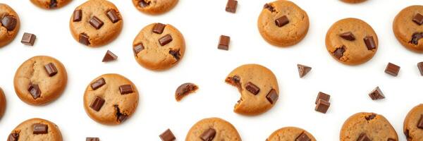 Freshly baked chocolate chip cookies arranged on white background with some pieces missing photo