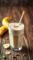 Creamy banana smoothie with decorative straw and fresh ingredients on wooden table photo
