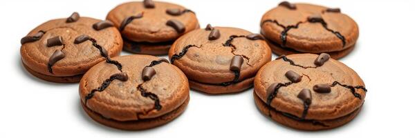 Delicious chocolate cookies with melted chocolate chips on a white background ready for enjoyment and baking inspiration photo