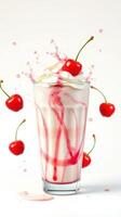 Creamy cherry milkshake with splashes of syrup in a clear glass cup served with fresh cherries on a bright background photo