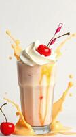 Delicious milkshake topped with whipped cream and cherries splashing on a plain background photo