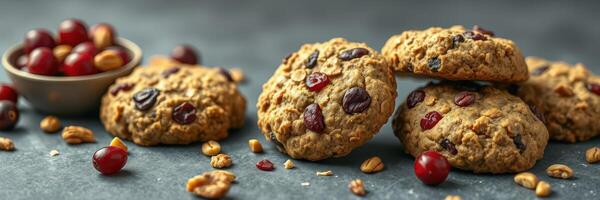 Delicious homemade cookies with nuts and berries arranged on a dark surface photo