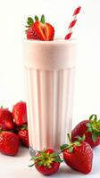 Fresh strawberry milkshake garnished with sliced strawberries and a striped straw on a plain background photo