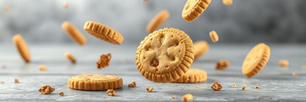 Cookies fall gently on a smooth surface creating a dynamic and appetizing display of treats photo