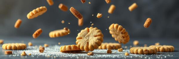 Cookies falling on a dark surface with sugar dust scattered around in a creative food shot photo