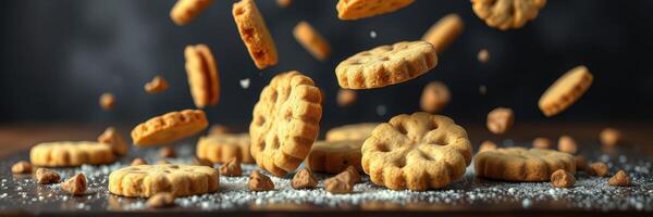 Colorful cookies falling on table with powdered sugar and crumbs scattered in the air and on the surface below photo