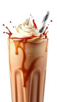 Creamy chocolate shake with whipped cream and caramel drizzle served in a tall glass with a striped straw photo