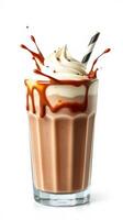 Delicious chocolate milkshake topped with whipped cream and caramel drizzle in a clear glass with a striped straw photo