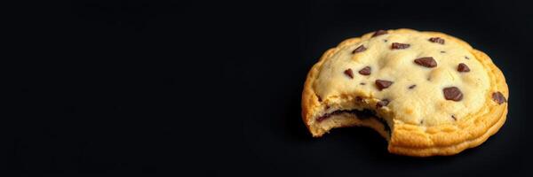 Warm chocolate chip cookie with a bite taken out against a dark background photo