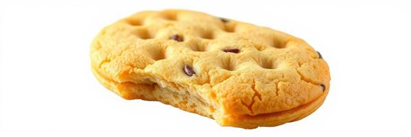 Delicious chocolate chip cookie with a bite taken out, showcasing its soft texture and golden color photo