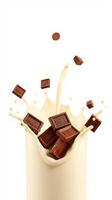 Delicious chocolate bars splashing into creamy milk in a dynamic culinary moment photo