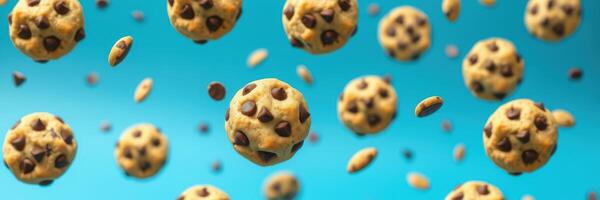 Chocolate chip cookies floating in mid-air against a vibrant blue background creates a whimsical atmosphere photo