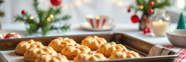 Festive baking session featuring decorated cookies on a serving tray in a cozy holiday kitchen photo