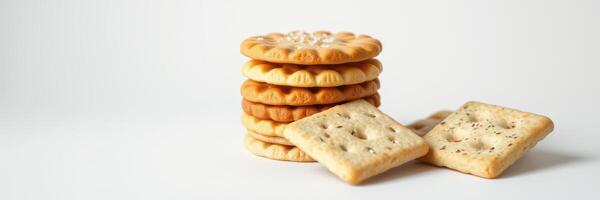 Delicious assortment of round and square crackers stacked on a light background photo