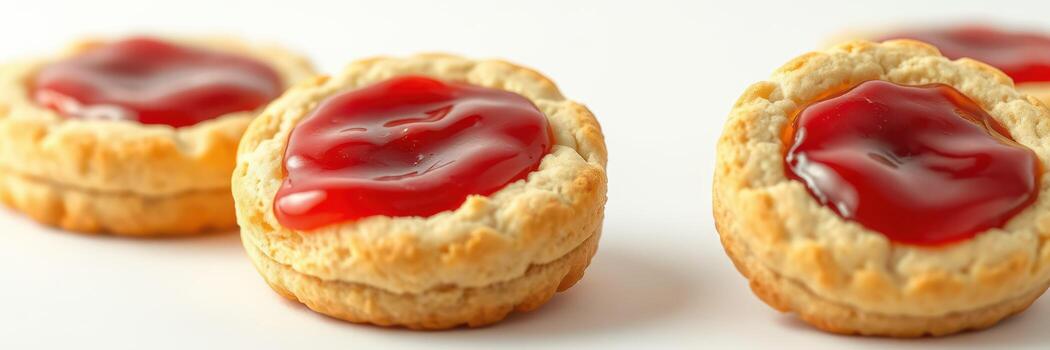 Delicious homemade cookies filled with raspberry jam on a clean white surface photo